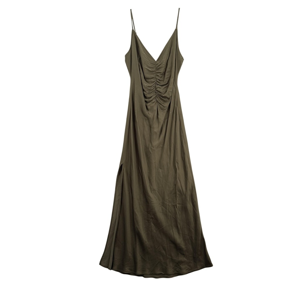 ASTR The Label Dress Womens Medium Olive Green Ruched Slip Spaghetti Strap Maxi